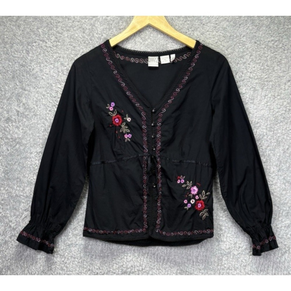 VTG Quizz NY Women Petite S Black Top Embroidered Floral Boho Peasant Festival
